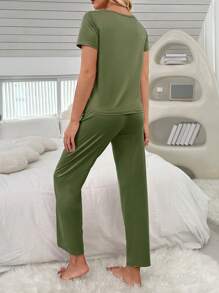 Women Casual Simple Printed Short Sleeve T-Shirt & Pants Pajama Set