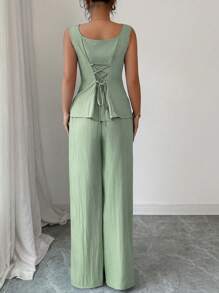 Elenzga 2 件套：无袖露背短款上衣，系带细节 + 阔腿裤，时尚休闲搭配套装，2025 年春夏 - 薄荷綠 - 查看 2