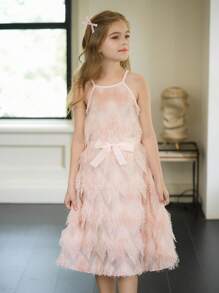 Wildeya Tween-Mädchen Kleider für Frühling und Sommer, neue Stile von Wildeya, rosa Camisole-Kleid mit Fransen und rosa Taillengürtel, bequem, süßer Stil, geeignet für Outdoor-Aktivitäten, tägliche Themenveranstaltungen, Urlaub, Musikfestivals und gesellschaftliche Anlässe