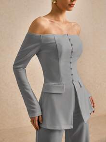 Poéselle 秋冬女士时尚露肩纽扣西装外套和裤子套装 - 灰色 - 查看 5