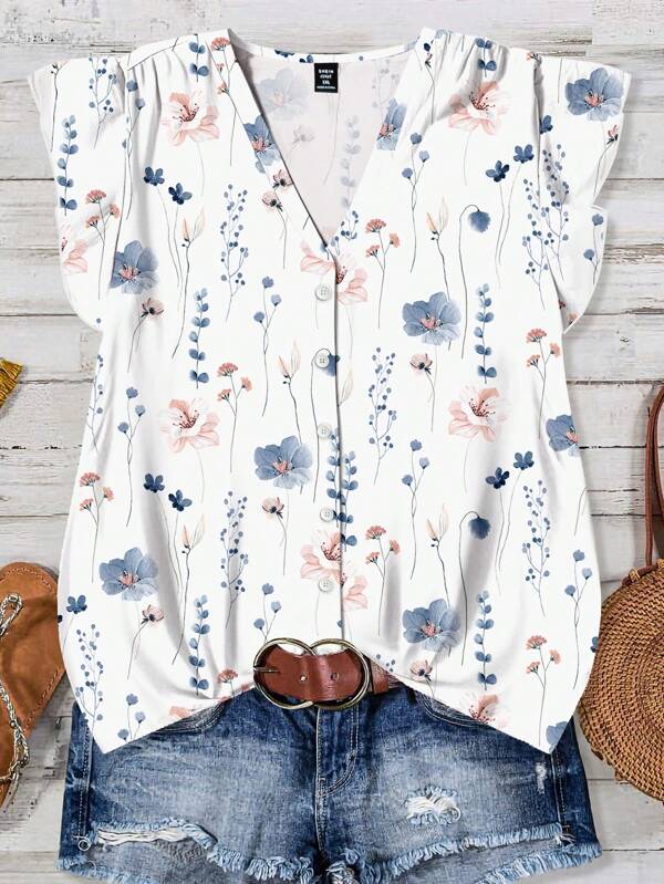EMERY ROSE Plus Size Women's Daily Casual Vacation Pink V-Neck Small Flying Sleeves Vacation Style Blue And White Floral Loose Shirt, Women's Summer Clothing, Women's Vacation Clothing, Women's Summer Clothing, Women's Going Out Tops, Cute Summer Tops, Women's Summer Clothing