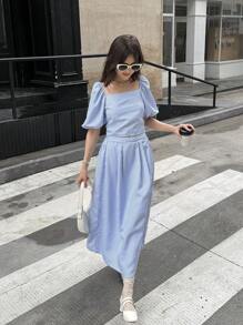 SHEIN Set de 2 piezas con Top sin espalda con lazo y abertura, y falda minimalista, conjunto elegante de estilo casual de verano con rayas tejidas, para adolescentes, para reuniones - Celeste - Ver 5