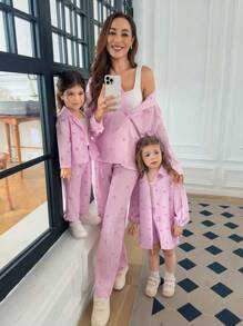 SHEIN Babygirl 可爱度假休闲百搭粉色和白色条纹蝴蝶结长袖上衣和松紧腰长裤套装