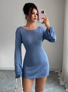 Chiquease Off Shoulder Tight Fit Thin Bodycon Dress Fall Cloth For Women - Dusty Blue - View 3