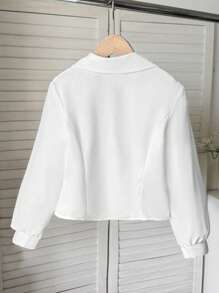 SHEIN Tween Girl Casual Academy Commute Elegant Fitted Collared Button-Front Ruched Gathered Long Sleeve Blouse White Suitable For Back To School, Outings, Parties, Gatherings And More - White - View 3