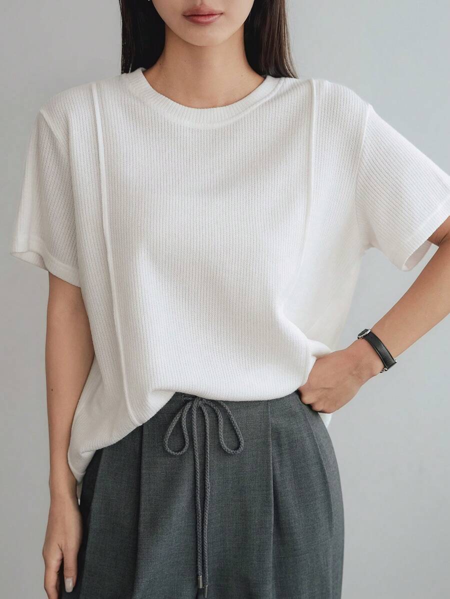 Dazy-Less 女士圆领宽松休闲商务拼布短袖T恤上衣，夏季 - 白色 - 查看 1