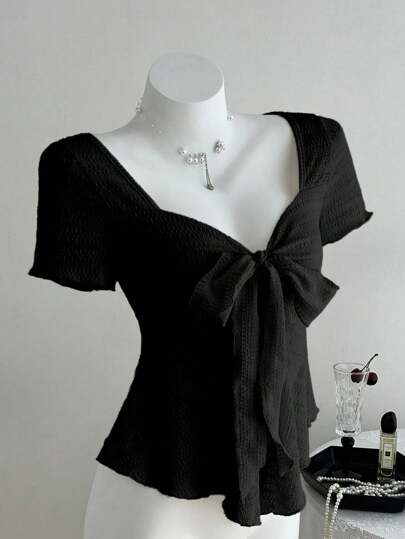 Elamini New Casual Vacation V-Neck Tie Bow Textured Fabric Fitted Women Short Sleeve T-Shirt, Spring/Summer