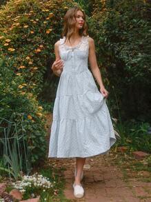 WESTFADE Eyelet Embroidered Gingham Round Neck Bow Button Front Sleeveless Dress Summer Boho Cowgirl Sun Dress - Green - View 3