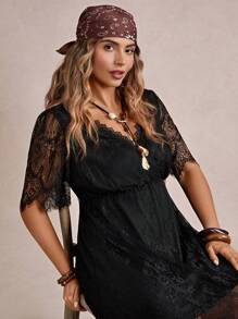 Freevana Vestido de encaje de unicolor con abertura alta, estilo vacacional de festival de música country de verano, regalo del Día de la Madre, ropa para Pascua, atuendo de vacaciones para mujeres, atuendo de concierto para mujeres, vestidos de graduación para mujeres