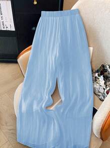 SHEIN PETITE Women's Versatile Iridescent Texture Flowy Pants, Spring/Summer - Blue - View 4