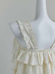 Elamini Top sin tirantes con textura de tela y detalles de volantes, estilo vacacional dulce, para primavera y verano - Beis - Ver 3