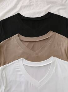 SHEIN Große Größen Damen Kurzarm V-Ausschnitt einfarbiges lässiges T-Shirt für den Alltag