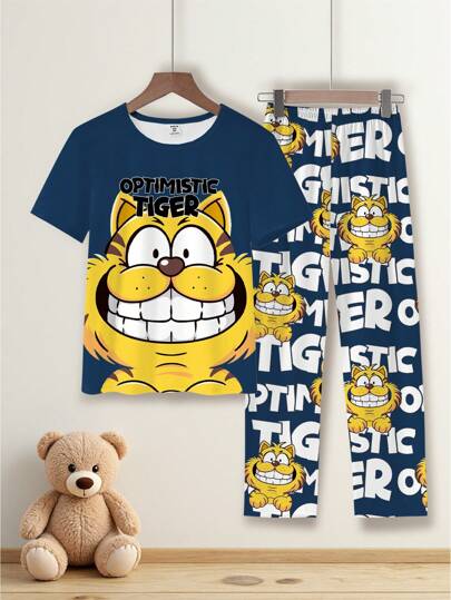 Set de 2 piezas: Camiseta de manga corta de cuello redondo con estampado de tigre y pantalón de chándal azul con corte holgado para niños mayores, ropa informal y cómoda para estar en casa.