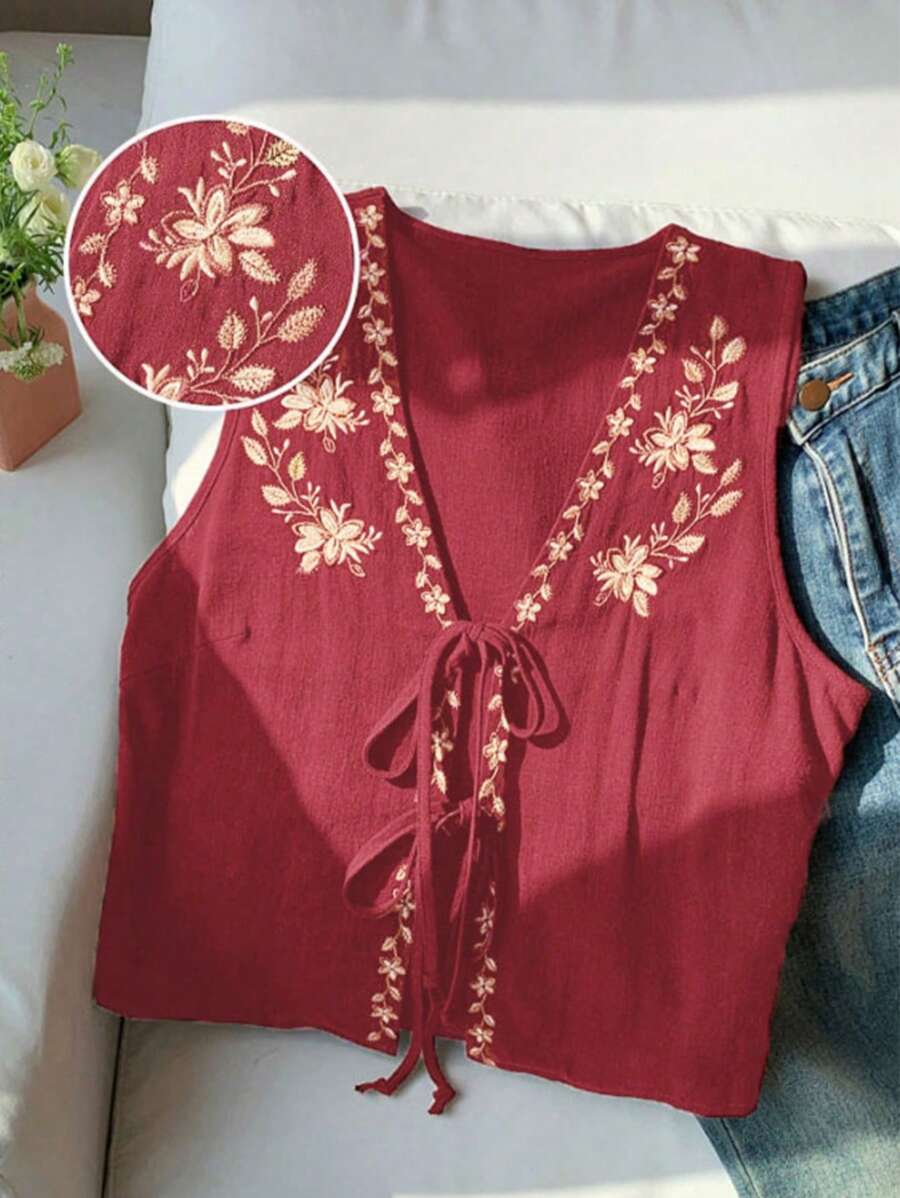 Comfortcana 女式夏季波西米亚风玫瑰红色花卉刺绣前系带无袖衬衫 - 玫瑰紅 - 查看 1