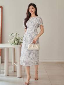 DAZY Women Ditsy Floral Ruffle Sleeve Mid-Length Dress, Elegant Style Easter - Light Grey - View 5