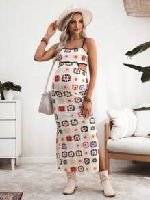 SHEIN 孕妇花卉印花镂空无袖连衣裙 - 彩色 - 查看 4