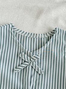 Vintaside Kids 女婴简约绿色条纹无袖蝴蝶结上衣和裤子两件套，春夏款 - 綠色 - 查看 6