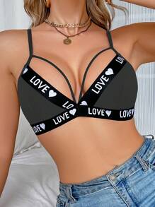 SHEIN Women's Hollow Out Letter & Heart Knitted Bra For Everyday Wear Without Padding - Dark Grey - View 5