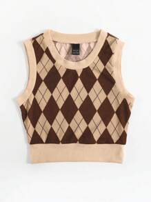 SHEIN EZwear Contrasting Colors Argyle Pattern Round Neck Tight Tank Top