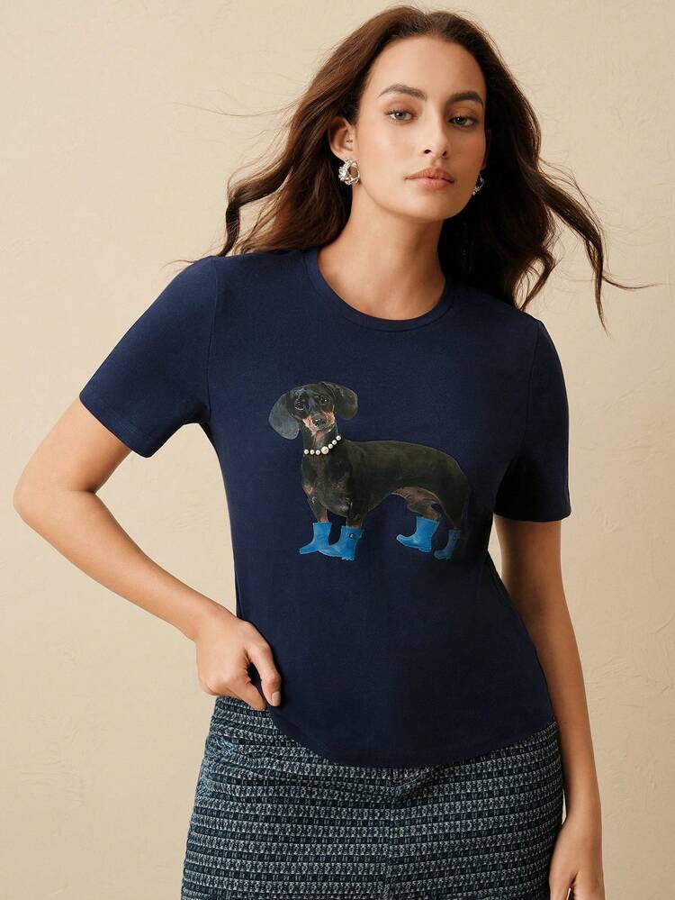 アメリカンスタイル 犬モチーフ 半袖Tシャツ ウィメンズ、ネービー