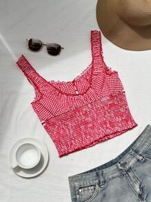 Comfortcana Women's Vacation Shirred Lace Up Plaid Patchwork Tank Top - Red and White - View 2