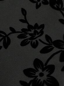 SHEIN CURVE+ 大码女式优雅花卉植绒网眼背心，夏季 - 黑色 - 查看 3