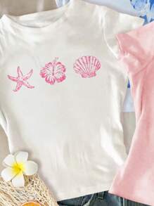 SHEIN Chill Vacation Tropical Flowers, Hibiscus, Frangipani, Starfish, Seashell Coastal Pattern Slim Fit Tween Girls 3pcs/Set Crew Neck Short Sleeve T-Shirts, Comfortable Casual, White, Light Pink, Light Blue, Summer