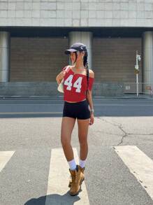 INAWLY Áo thun hở vai tay ngắn in họa tiết kỹ thuật số mùa hè cỡ lớn cho nữ - Đỏ - Xem 6