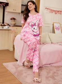 甜美兔子印花休闲大码睡衣套装