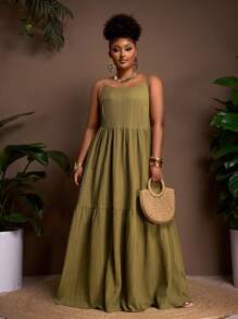 Veslaya 2025 Plus Size New Arrival Summer Green Solid Color Comfortable Stretchy Sleeveless Loose A-Line Dress - Army Green - View 12
