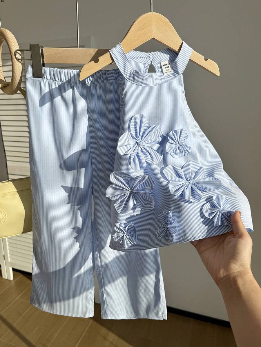 SHEIN 2pcs/Set Baju Atasan Tanpa Lengan Bergaris dengan Dekorasi Bunga 3D & Celana Panjang untuk Anak Perempuan, Musim Panas - MultiWarna - View 1