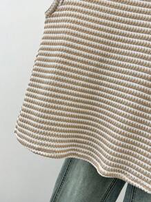 SHEIN Áo thun tay ngắn cổ tròn kẻ sọc đơn giản cho bé gái tuổi teen, tối giản và thoải mái cho trang phục hàng ngày/ở nhà - Màu be - Xem 5