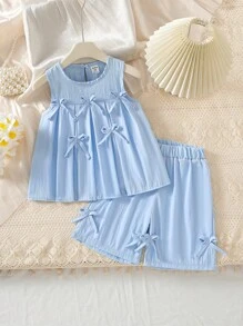 SHEIN Elladie kids 2 件套年轻女孩韩版甜美装，蝴蝶结装饰 A 字形荷叶边连衣裙上衣 + 宽松阔腿短裤，夏季 - 藍色 - 查看 3