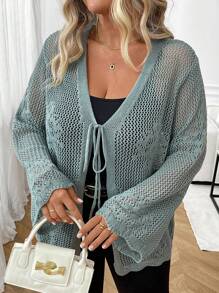 SHEIN LUNE Áo len cardigan nhẹ tay dài dệt kim rỗng rút dây màu trơn cỡ lớn cho nữ, áo khoác nhẹ mùa hè - màu xanh lá - Xem 5