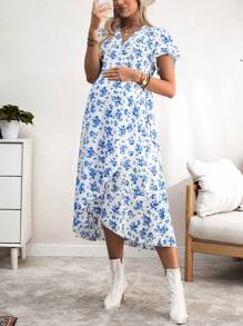 SHEIN 孕妇花卉印花短袖裹身下摆优雅度假连衣裙 - 藍白色 - 查看 5