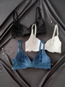 SHEIN 3pcs Women Solid Color Lace Patchwork Hollow Out Bra Set - Multicolor - View 2