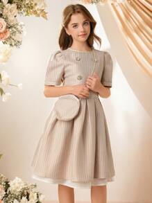 Tween Girl's Chiffon Puffed Sleeve Dress With White Hem,Gold Button Accent,Princess Style Summer Party,Holiday Elegant Bachelorette Flower Girl Dress - Apricot - View 4