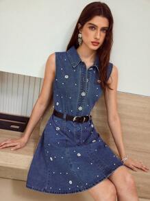 MOTF STUDIO VESTIDO VAQUERO SIN MANGAS CON DETALLE DE RHINESTONE Y PERLAS FALSAS SIN CINTURÓN - Lavado ligero - Ver 1