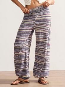 Bohemela 大码女式休闲日常通勤度假街头时尚低腰拼布口袋多色条纹图案抽绳下摆毛衣裤秋冬女装 - 彩色 - 查看 10