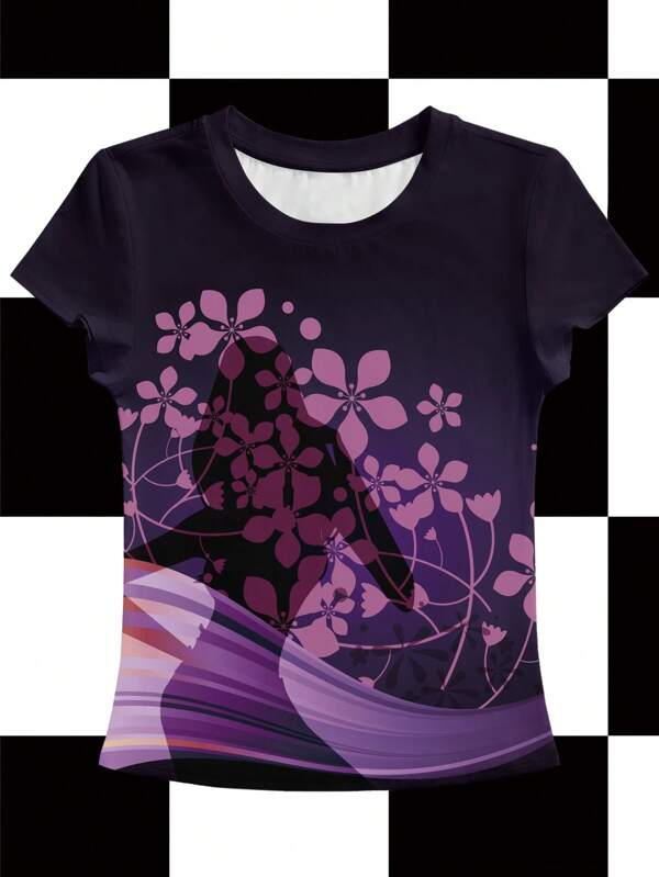 Shutterstock Y2Kool Purple, Silhouette, Floral, Millennium Retro, Y2K, Women's Fitted, Round Neck, Short Sleeve T-Shirt, Suitable For Summer, Vacation, Party, Music Festival Club Going-Out Back To School 2000s Style