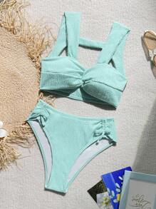 SHEIN Tween Girl Vacation Circular Hollow Drawstring One-Piece Swimsuit, Beach Wear - Green - View 1