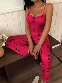 SHEIN 女士心形图案针织吊带背心和休闲裤睡衣套装，四季皆宜，舒适穿着 - 紅色 - 查看 7