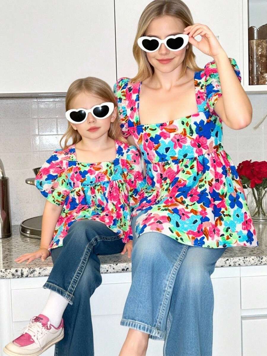 SHEIN Young Girl Woven Square Collar Ruffle Trim Casual Blouse