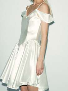 Lumivelle Women's Solid Color Ruffle Off-Shoulder Elegant Satin Dress - White - View 3