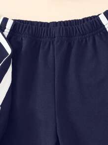 SHEIN Genkimix Kids 2 件女童春夏休闲简约蝴蝶结装饰运动衫和蝴蝶结裤子套装 - 藏蓝色 - 查看 4