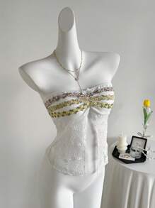 Sweetra Women's Holiday Ruffle Sweetheart Neck Cropped Top - White - View 1