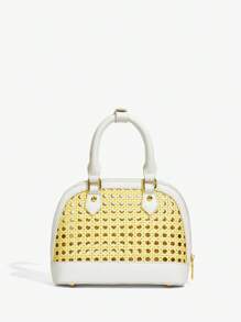 SHEIN SXY Ladies, Women Top Handle Bags, Rattan Hollow, Splicing PU, Rivets, Fashionable, Elegant, Simple, Personalized, Versatile, For Commute, Office, Date, Daily, Shopping, Afternoon Tea - Multicolor - View 4