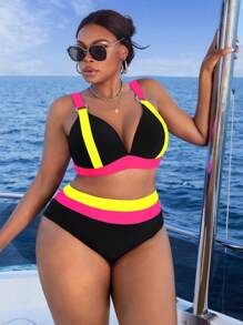Slaydiva Plus Size Women 2 Pieces Swimsuit, Solid Color Block Hard Cup Push Up Wide Shoulder Strap Paired With High Waist Color Block Bikini Bottom, Fashionable & Sexy For Summer Beach Holiday - Yellow - View 6