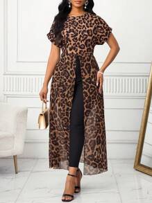 SHEIN Lady Damen elegante lässige Urlaubs-Leoparden-Muster Taille-geschlossene Schlitz-Rundhals-Fließende Bluse, Urlaubs-Frauen Gepard-Muster Ausgeh-Oberteile, Frauen Boho Flughafen, für Frauen Brunches, für Frauen Klassisch, Fließendes Oberteil