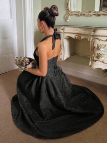 Glamine Charm Váy suông cổ chữ V in hoa 3D cổ điển không tay bồng bềnh dành cho nữ - màu đen - Xem 4